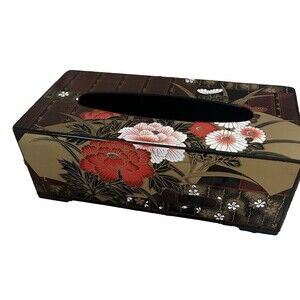 Vintage Yamanaka Japanese Black Lacquered Tissue Box Floral Design Japan